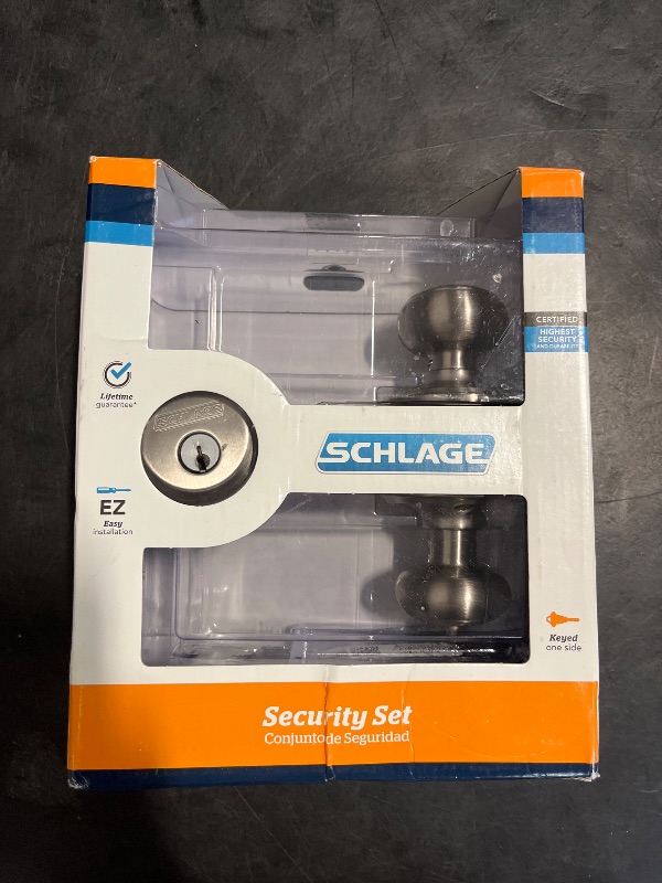 Photo 1 of SCHLAGE Satin Nickel FB50N V GEO 619 B60 Single Cylinder Deadbolt and F51 Entry Georgian Knob Keyed Alike, Finish, Security Set
