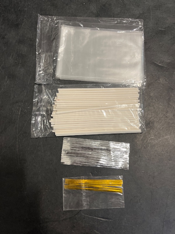 Photo 1 of 300 PCS Cake Pop Sticks and Wrappers Kit, Including 100ct 6-inch Paper Lollipop Sticks, 100ct Clear Candy Treat Bags Parcel, 100ct Gold Twist Ties for Cakepop, Lollipop, Hard Candy, Suckers, Chocolate