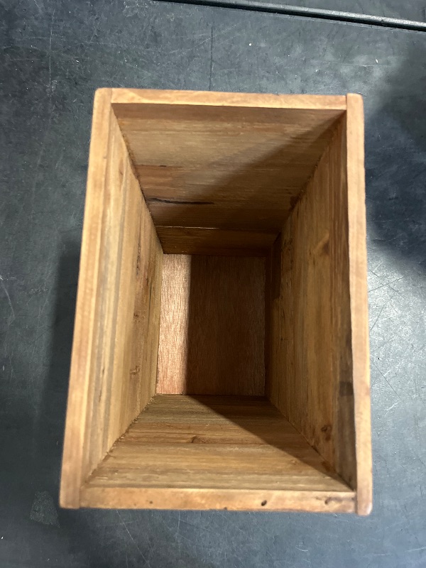 Photo 1 of Small Wood Trash Can, Farmhouse Rectangular Garbage Can Waste Basket, Rustic Distressed Reclaimed Wood Wastebasket, Vintage Wooden Trash Recycling Bin Storage Basket with Metal Handles (Natural)