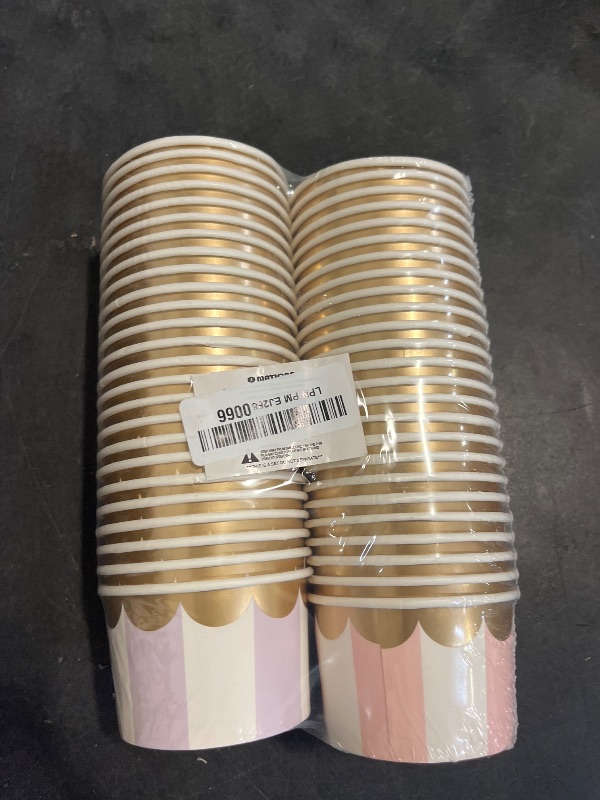 Photo 1 of Confettiville Paper Ice Cream Cups, 50-Count 5.5-Oz Disposable Dessert Bowls for Hot or Cold Food, 5.5-Ounce Party Supplies Treat Cups, 5 Colors Pastel Stripes with Scalloped Gold Foil
