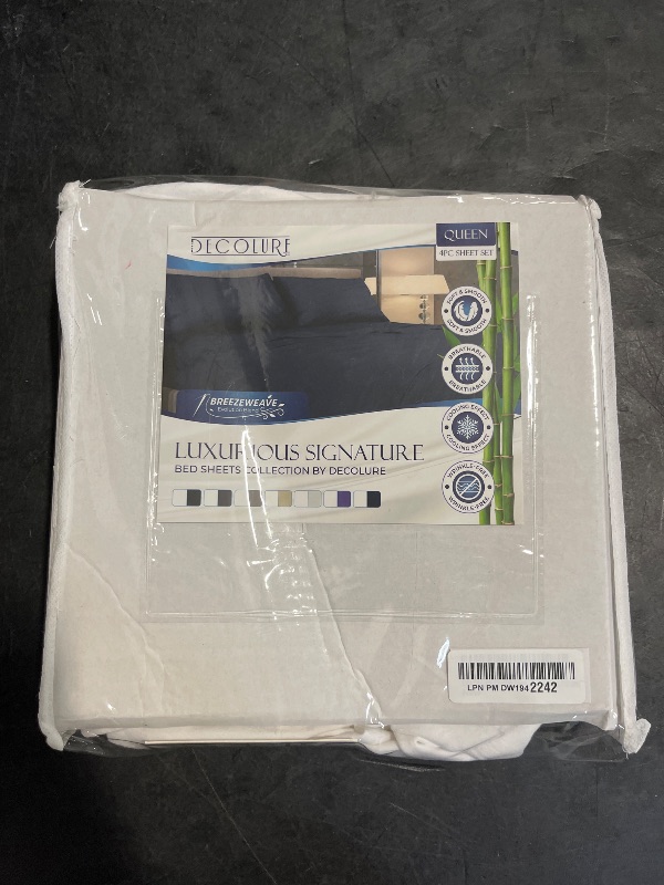 Photo 1 of DECOLURE Cooling Sheets Queen Set 4pcs - Luxurious & Ultra-Soft Cooling Bed Sheets Queen Size for Hot Sleepers - Comfortable Bamboo Viscose Microfiber Queen Bed Sheets Set Cooling (White)