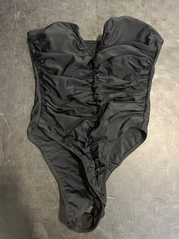 Photo 1 of (M) MakeMeChic Women's Strapless V Wired Ruched One Piece Swimsuits High Cut Thong Tummy Control Bathing Suit Slimming Swimwear Black Medium
