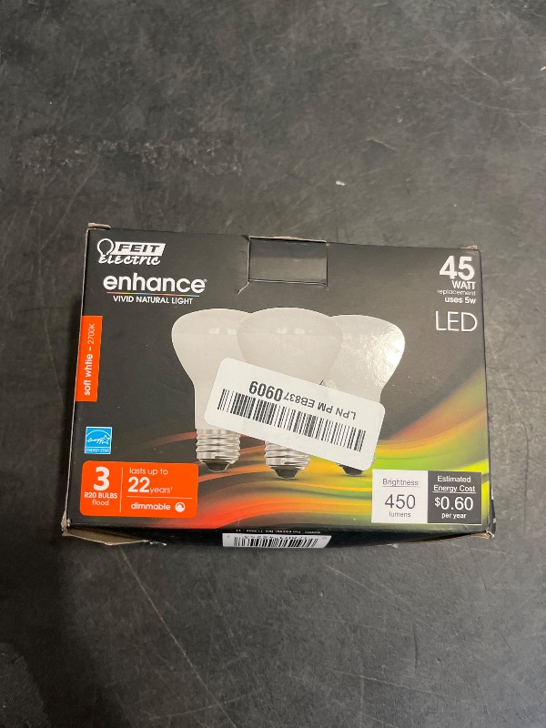 Photo 1 of Feit Electric R20 LED Light Bulb, 45W Equivalent, Dimmable, 2700K Soft White, 450 Lumens, 90 CRI, E26 Base, Damp Rated, Recessed and Track Lighting Bulbs, 22-Year Lifetime, R20DM/927CA/3, 3 Pack