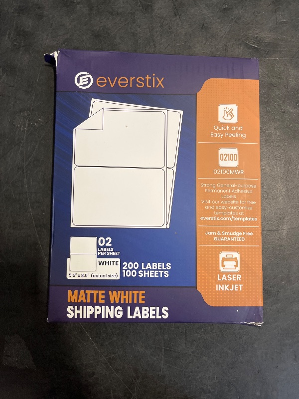 Photo 1 of Everstix 5.5" x 8.5", 100 Sheets, 200 Printable Half Sheet Labels, Blank Mailing Labels for Laser & Inkjet Printers, Letter Size