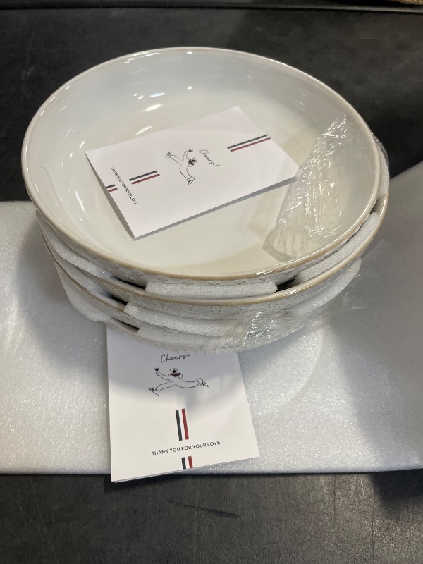 Photo 1 of LE TAUCI Pasta Bowls 42oz, Large Salad Bowl, Ceramic Embossment Stoneware Serving Plate for Fruits, Noodle, Dinner, House-warming Wedding Present - 9 Inch, Set of 4, Arctic White