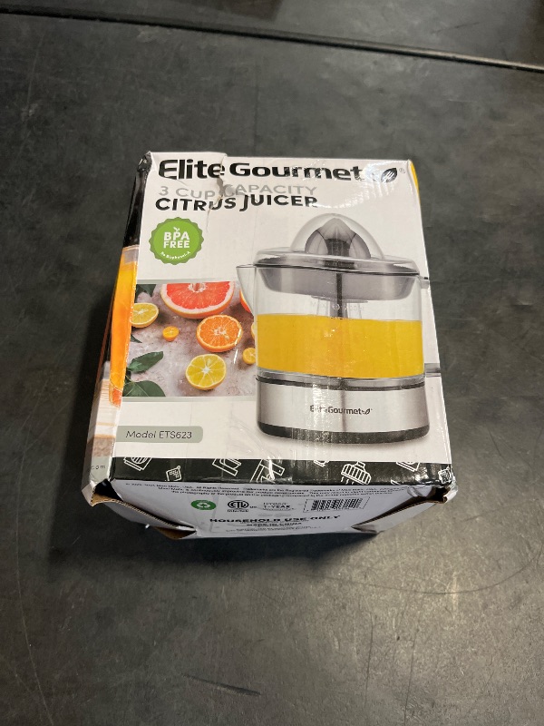 Photo 1 of Elite Gourmet ETS623 BPA-Free Electric Citrus Juicer, Compact, Large Volume, Pulp Control, Oranges, Lemons, Limes, Grapefruits with Easy Pour Spout, 24oz, Black/Stainless Steel