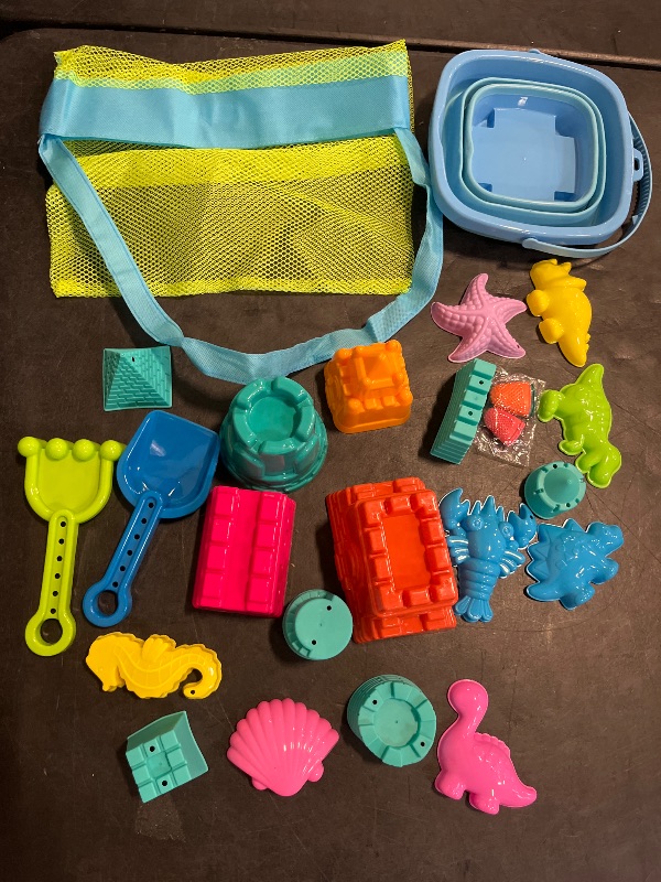 Photo 1 of Collapsible Beach Toys for Kids Toddlers, Collapsible Sand Bucket and Shovels Set with Mesh Bag,Travel Sand Castle Building Kit, Sandbox Toys, Foldable Beach Essentials for Toddlers Kids Age 3-10 ?