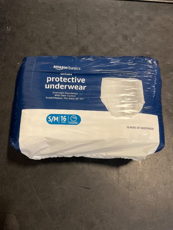 Photo 1 of Amazon Basics Unisex Protective Underwear, Overnight Absorbency, Small/Medium, 16 Count, (1 Pack of 16)