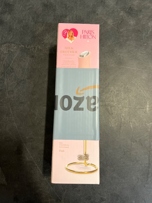 Photo 1 of Paris Hilton Electric Handheld Milk Frother with Double Coil Head Whisk and Gold Metal Stand, Battery Powered (2 AA Batteries Required but Not Included), Pink Sparkle Finish