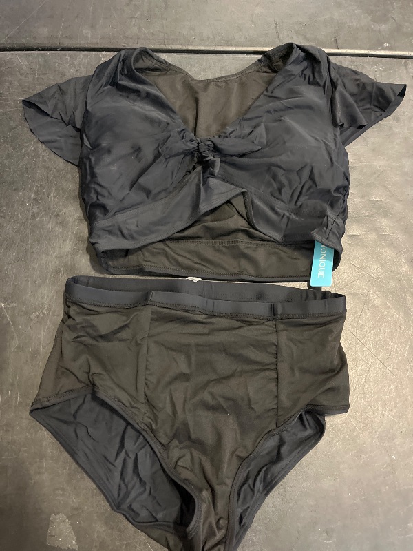 Photo 1 of (14W) Yonique Womens Two Piece Plus Size Bikini Set High Waisted Swimsuits Tummy Control Bathing Suits Short Sleeve Swimwear Black 14Plus 14w