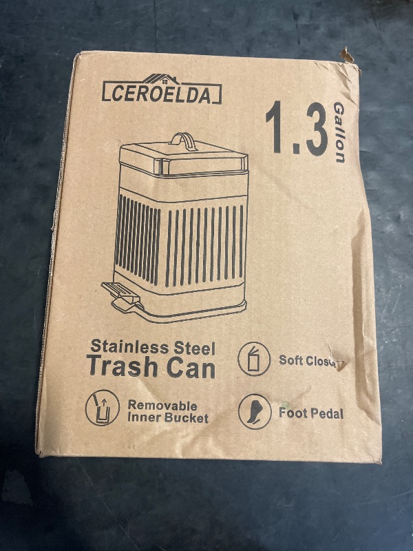 Photo 1 of CEROELDA Small Trash Can with Lid-5L/1.3 Gal,Stainless Steel Outdoor Dog Poop Garbage Can-Farmhouse Retro Metal Waste Bin w/Step Pedal for Bathroom Bedroom Office-Soft Close-Black