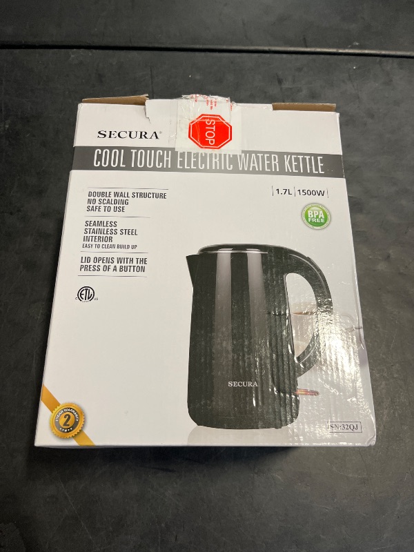 Photo 1 of Secura Original Stainless Steel Double Wall Electric Water Kettle 1.8 Quart with Auto Shut-Off & Boil-Dry Protection, Black Onyx SWK-1701DA/HB-3227B