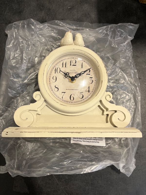Photo 1 of NIKKY HOME Vintage Mantel Table Clock with 2 Birds, Silent Non-Ticking Battery Operated Desk Shelf Rustic Wooden Clock for Living Room Decor - Distressed White