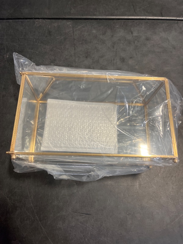 Photo 1 of WHSLILR 12.6" Glass Card Box Wedding Card Box with Lock for Wedding Reception Cosmetic Home Decor, Handmade Large Geometric Terrarium with Hinged Lid, Brass Frame - (Golden/Roof)