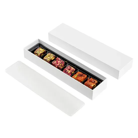 Photo 1 of restaurantware Rectangle White Paper Candy / Chocolate Boxes - 6 Compartments 10 1/2" x 2 3/4" x 1 1/2" 10 count box