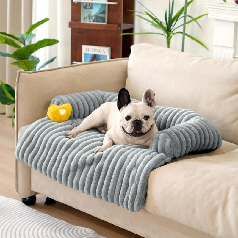 Photo 1 of FUNNY FUZZY Pet Couch Cover for Sofa, Calming Dog Bed for Couch, Fluffy Plush Dog Couch Mat for Furniture Protector for Medium Dogs and Cats, 33×28 in, Mist Grey