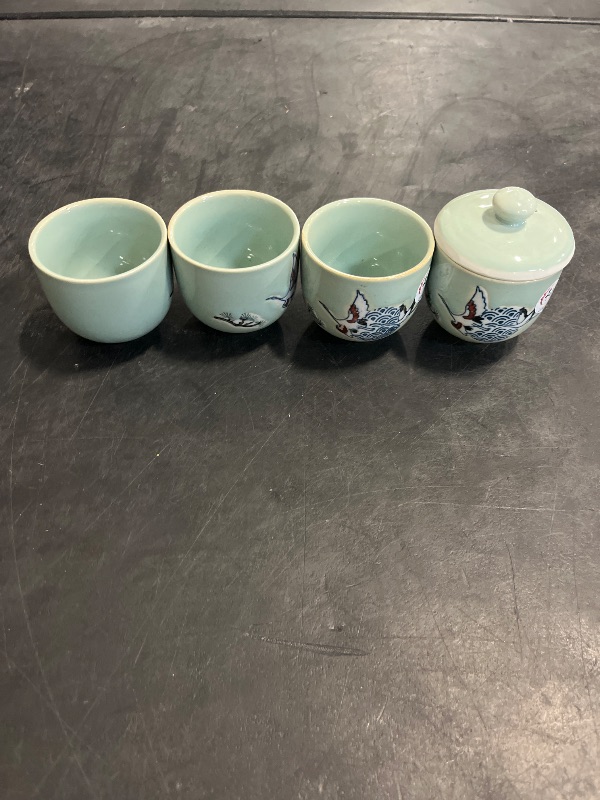Photo 1 of Crane and Cloud Design Blue Colored Glaze Ceramic Kung Fu Tea Set, Teapot and 4 thea cups