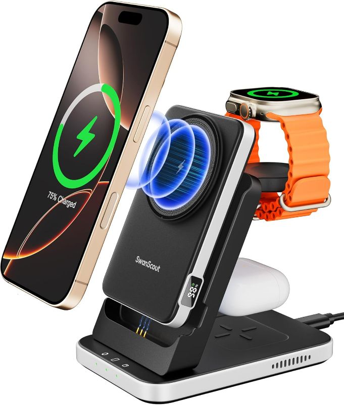 Photo 1 of 3 in 1 Charging Station Compatible with MagSafe for Apple, SwanScout 304M, Magnetic Wireless Charger Stand with 5000mAh Detachable Portable Charger for iPhone 16/15, Apple Watch, AirPods (No Adapter)