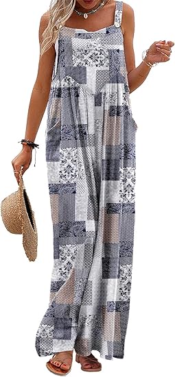 Photo 1 of SIZE S YESNO Women's Summer Casual Overalls Loose Wide Leg Jumpsuits Boho Floral Printed Baggy Rompers with Pockets PZH