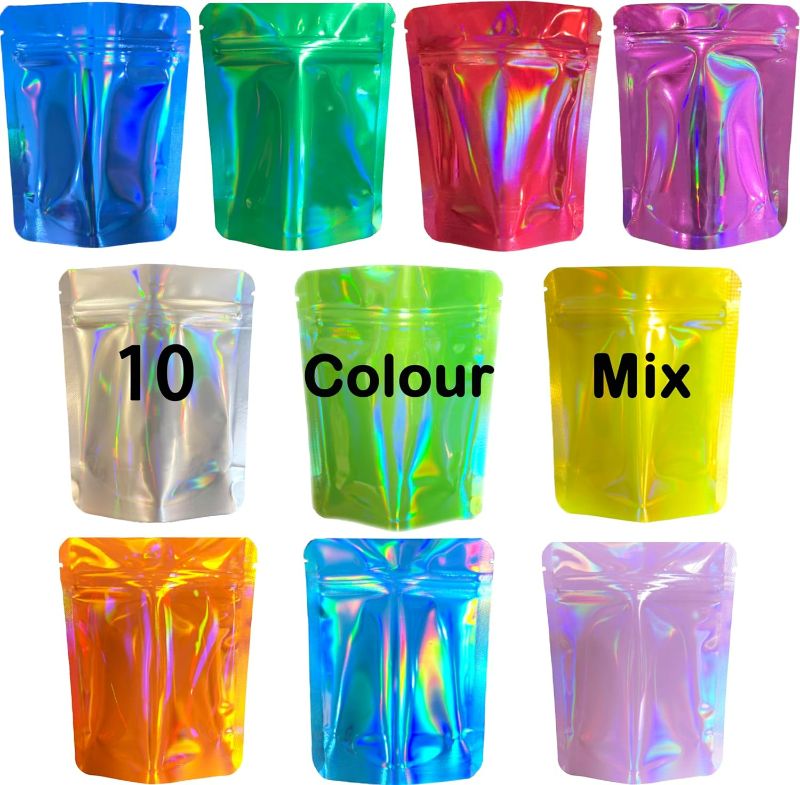 Photo 1 of 00 Pack Premium Smell Proof Mylar Bags, 10 Colors Mixed Resealable Food Storage Bags with Double-sided printing, 4.7" x 3.5" Aluminum Foil Stand-up Packaging Bags. (Holographic-S)