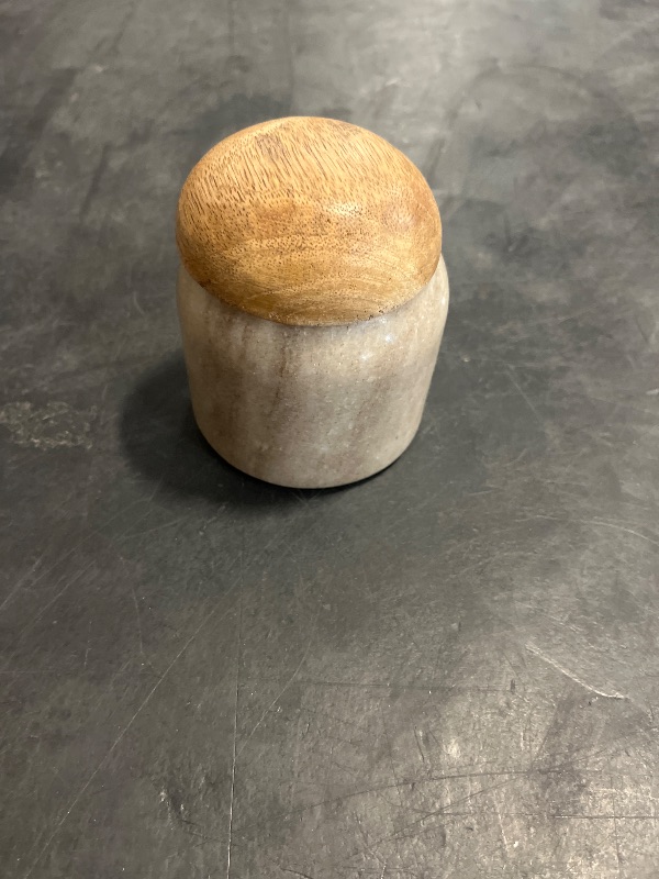 Photo 1 of Creative Co-Op Unique Marble and Mango Wood Pinch Pot Canister with Lid, Vary Slightly in Color and Grain, Natural
