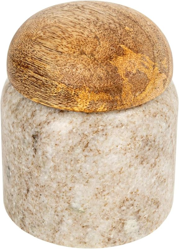 Photo 1 of Creative Co-Op Unique Marble and Mango Wood Pinch Pot Canister with Lid, Vary Slightly in Color and Grain, Natural