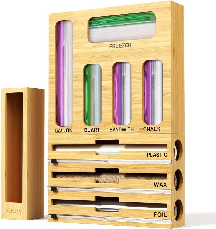 Photo 1 of 9 IN 1 Bamboo Foil and Plastic Wrap Organizer for Kitchen Drawer, Plastic Bag Organizer Organization and Storage, Food Storage Bag Organizer with Labels for Quart Gallon Snack Sandwich Bag