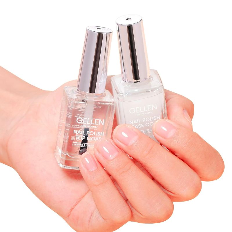 Photo 1 of GELLEN 2Pcs Clear Nail Polish Base and Top Coat, Quick Dry Hema Free Shine No Wipe Top Coat Sheer Milky Base Coat for Strengthening Thin Damaged Nails, Regular Nail Polish Non Gel, No UV, Hema Free