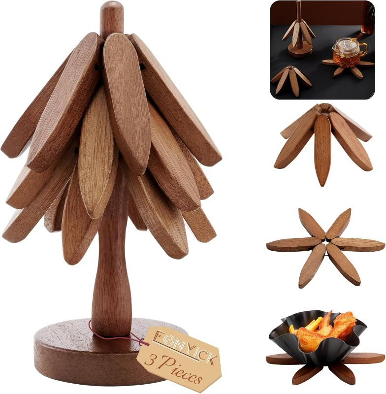 Photo 1 of 8 Inch Trivets for Hot Dishes, Hot Pots and Pans, Anti Stain Wood Pot Holders for Kitchen Counter Decor, Wooden Hot Pads Collapsible Tree Coasters with Organizer Dinner Placemats, 3PCS Dark Wood