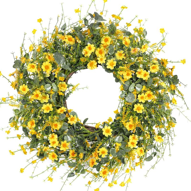 Photo 1 of Sggvecsy Yellow Daisy Wreath  Spring Summer Wreath Fake Silk Floral Wreath with Green Eucalyptus Leaves and Lavender for Front Door Window Wall Wedding Farmhouse Festival Decor