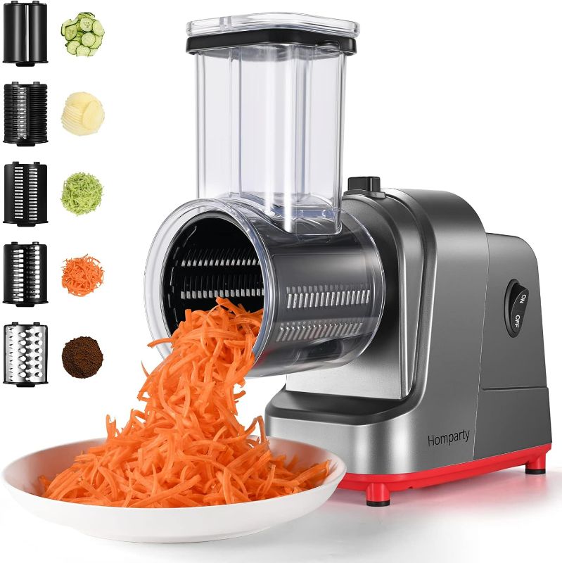 Photo 1 of Electric Cheese Grater, 250W Professional Electric Slicer Shredder, Electric Salad Machine for Fruits, Vegetables, Cheeses, Salad Maker with 5 Free Attachments
