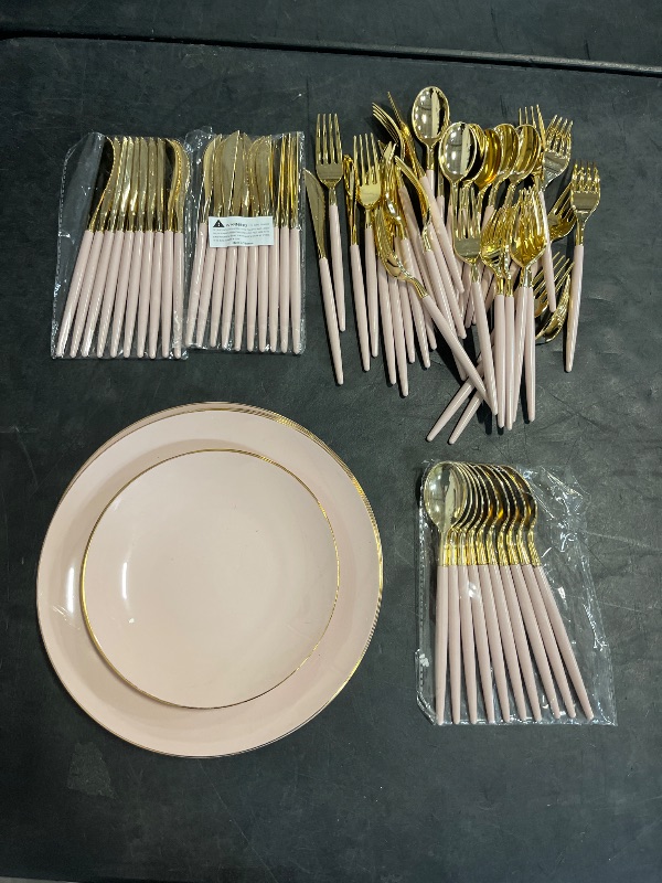 Photo 1 of Liacere 150PCS Plastic Plates-Gold Plastic Silverware with Pink Handle - Pink Disposable Plates Include 30 Guests Plates, Forks, Spoons, Knives for Wedding  Easter Day ?Mother's Day