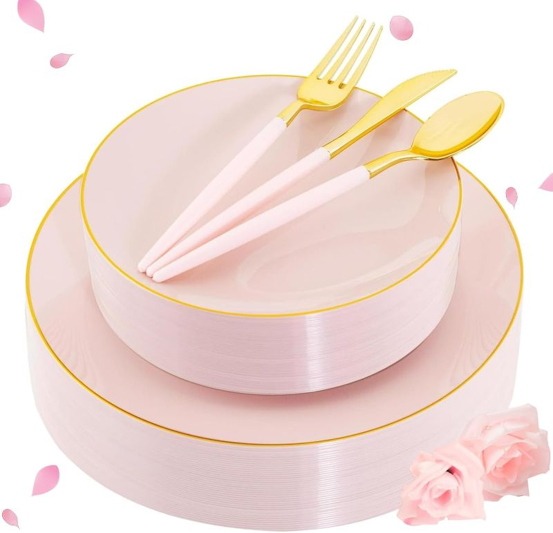 Photo 1 of Liacere 150PCS Plastic Plates-Gold Plastic Silverware with Pink Handle - Pink Disposable Plates Include 30 Guests Plates, Forks, Spoons, Knives for Wedding  Easter Day ?Mother's Day