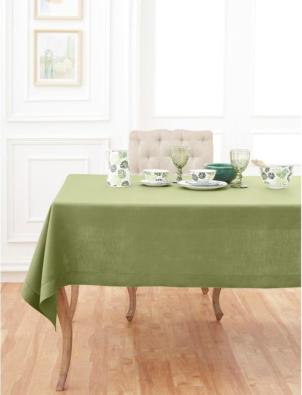 Photo 1 of Solino Home Linen Tablecloth 60 x 144 Inch - Classic Hemstitch 100% Pure Linen Moss Green Table Cloth for Rectangle Tables - Machine Washable Tablecloth for Summer