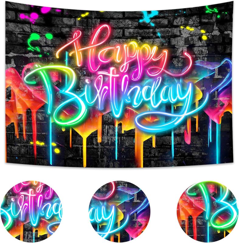 Photo 1 of Imirell Neon Happy Birthday Backdrop 7Wx5H Feet Glow in The Dark Brick Wall Funny Graffiti Colorful Painting Splatter Polyester Fabric Modern Photography Backgrounds Photo Shoot Decor Props Decoration
