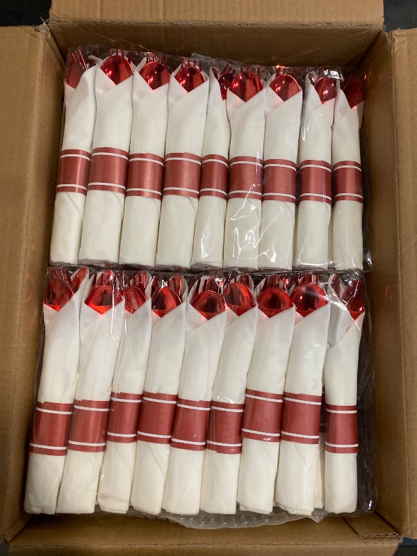 Photo 1 of BESTSTAR 350PCS Clear and Red Disposable Plates Set for 50 Guests, 100 Plastic Plates, 50 Plastic Cups, 50 Pre-Rolled Napkins with Cutlery