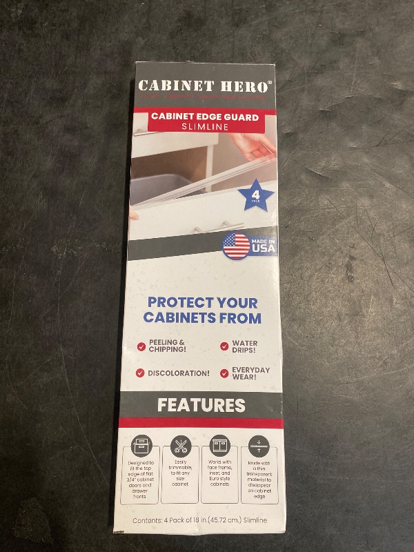 Photo 1 of Cabinet Hero Slimline Cabinet Edge Protector - Prevents Chipping, Wear, Discoloration - Drawer Edge Guard, Bumper for Drawer - Easy Slip-On Installation - 3/4" Thick, 18" Length, Clear, Pack of 4