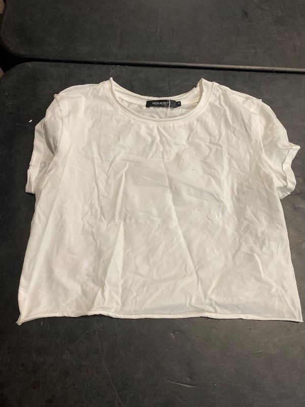 Photo 1 of (S) MEROKEETY Womens Summer Short Sleeve Crewneck Crop Tops Casual Solid T-Shirts, White, S