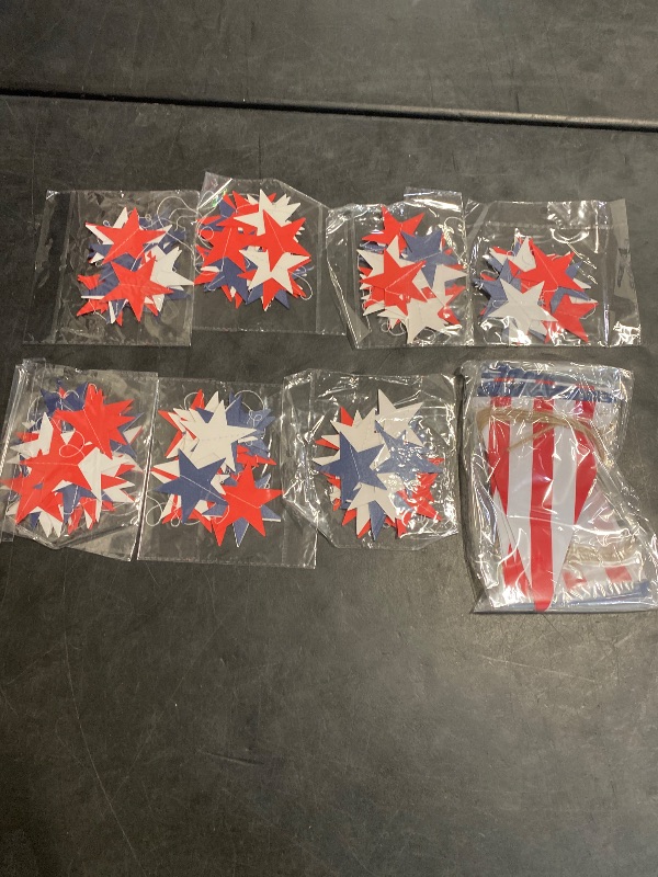 Photo 1 of 10 Packs Patriotic Party Banner Garland Decoration Set, Includes 8 Patriotic Red White Blue Star Streamers, 2 USA Triangle Flag Pennant Banner for Fourth of July America Independence Day Theme Party