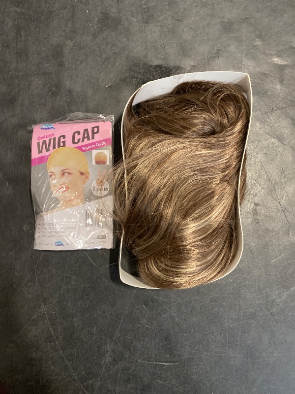 Photo 1 of RENERSHOW Brown Highlight Short Pixie Bob Wig with Bangs Layered Brown Mix Blonde Wigs for Women Chin Length Straight Synthetic Wig Natural Looking Daily Party Wig