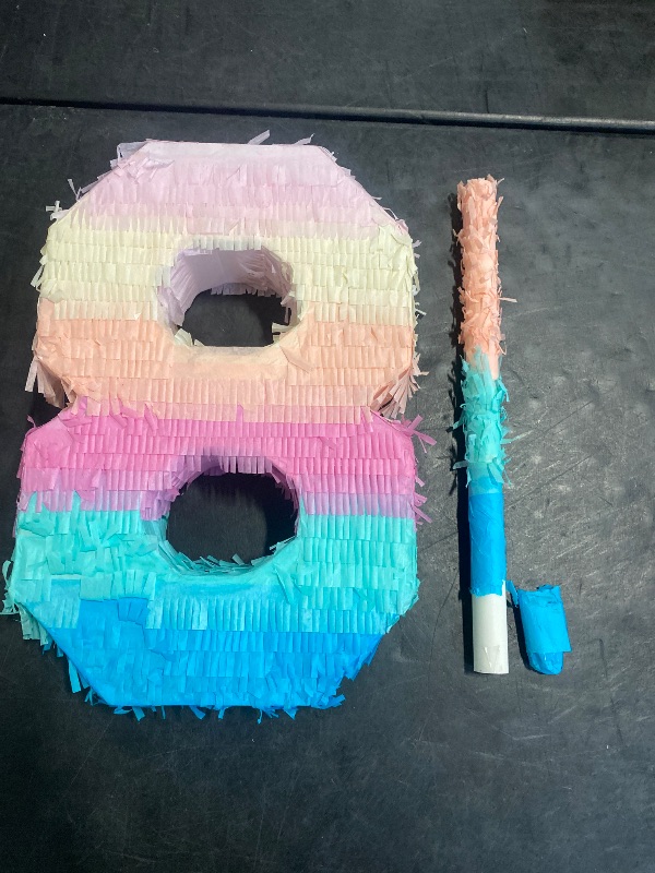 Photo 1 of Jenaai 16 Inch Number Piñata Kids Birthday Party Macaron Piñata with Blindfold Stick and Confetti for Unicorn Birthday Wedding Baby Shower Decor(Number 8)