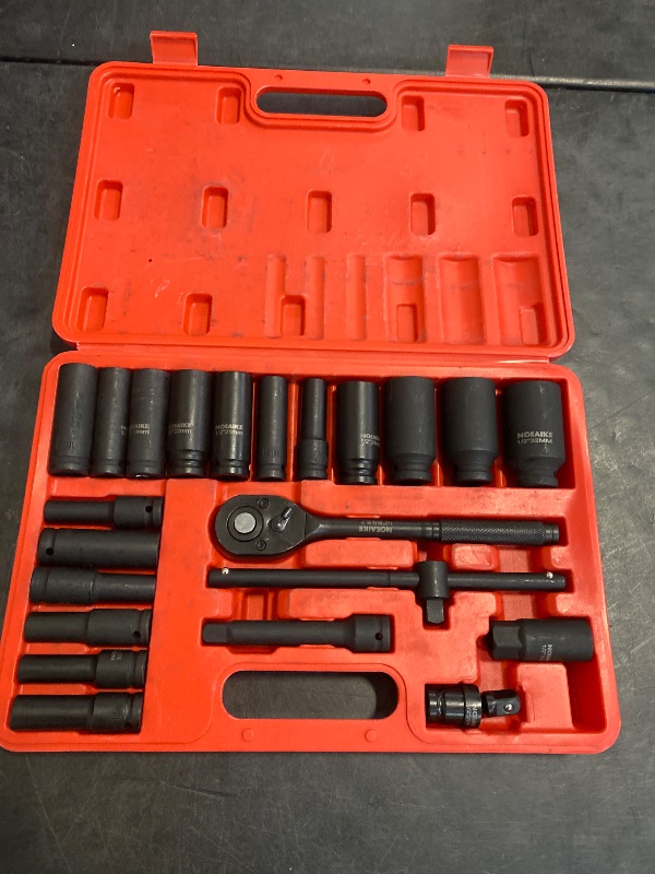 Photo 1 of NOEAIKE Socket Set,22 Pcs 1/2-Inch Drive Metric Deep Impact Socket Set,Cr-V Steel Sockets Size 8mm-32mm 6-Point,Includes Extension Bar,Universal Joint,1/2”Spark Plug Socket and Ratchet Handle
