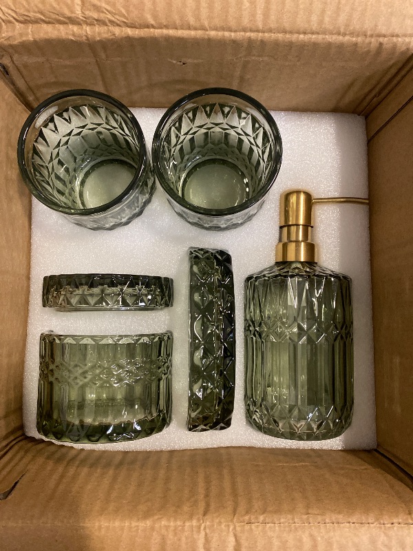 Photo 1 of EMPO 6PCS Bathroom Clear Glass Accessories Set (Lotion Soap Dispenser, Soap Dish, Toothbrush Holder, Tumbler, Cotton Swab Jar), Contemporary Modern Decor Crystal Vintage Gift (6pcs Green)