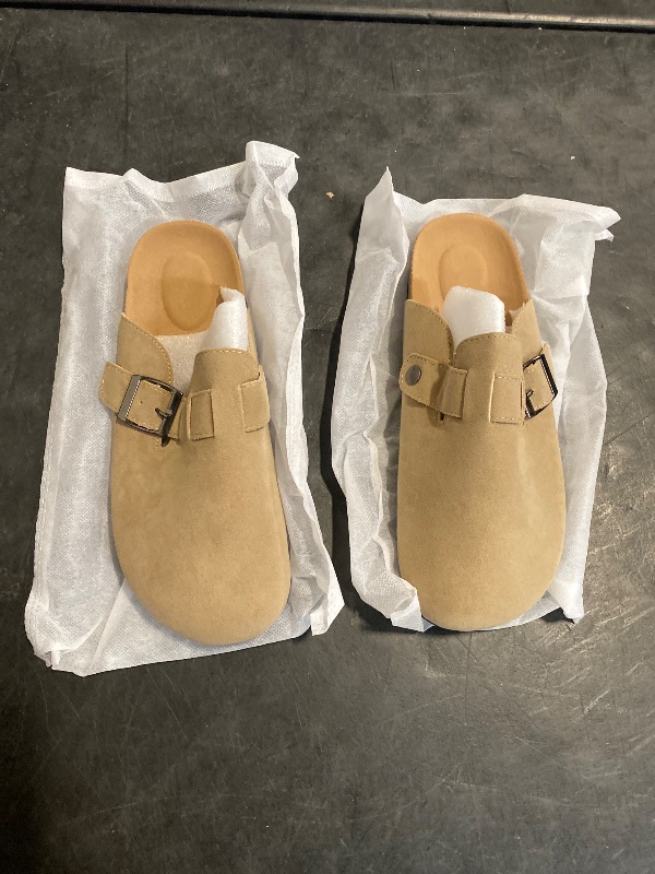 Photo 1 of size (40, 9/9.5) Clogs for Women Suede Soft Leather Clogs Classic Cork Clog Antislip Slippers Waterproof Mules House Sandals Buckle Apricot 