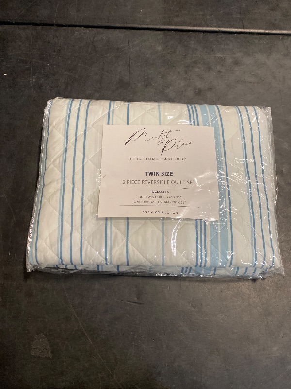 Photo 1 of (Twin) Market & Place 2 Piece Reversible Quilt Set with Sham | All-Season Soft & Lightweight Bedspread with Modern Striped Pattern | Sofia Collection (Twin, Ivory/Blue)