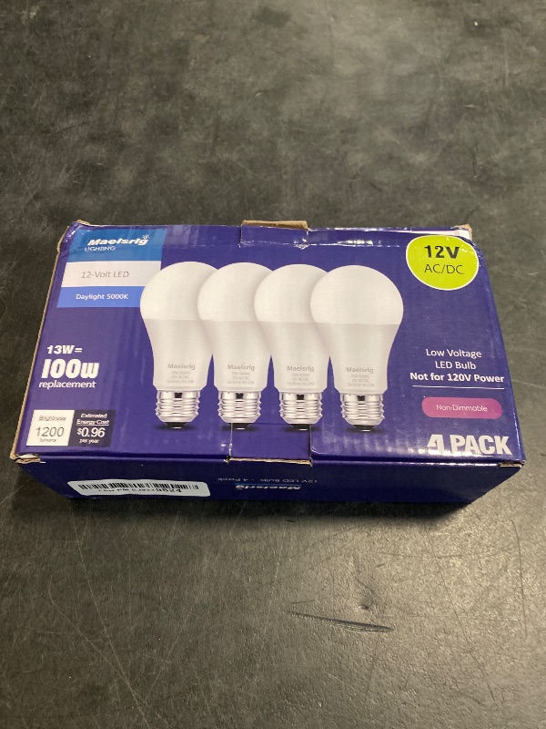 Photo 1 of LED 12V Light Bulb, 100W Equivalent, Daylight White 5000K, 13W 1200 Lumens, 12 Volt AC/DC, Non-Dimmable E26 Base, Low Voltage Light Bulbs for Boat, RV, Shed, Off Grid Cabin, and Solar Power, 4-Pack