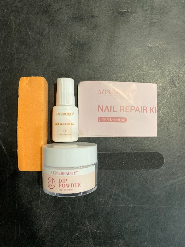 Photo 1 of AZUREBEAUTY Nail Repair Kit Transparent Crystal for Broken Cracked Split Weak Nails, Ideal Solution Emergency Easy Quick Fix Dip Powder 28 g 1 Oz Quick-Drying Repair Glue 10 ml Nail File Nail Buffer