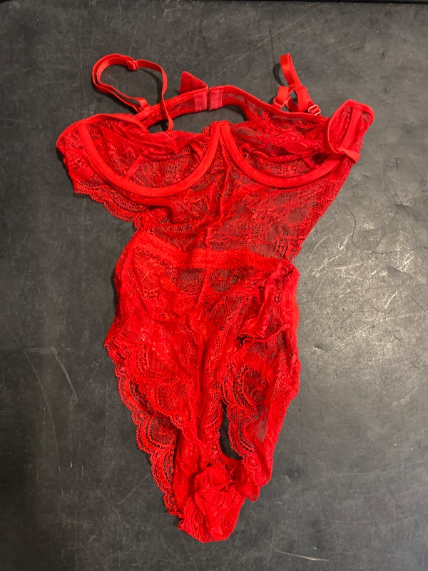 Photo 1 of (M) Aranmei Women Sexy Lingerie Bodysuit Lace Teddy Snap Crotch V Neck One Piece Babydoll Underwire(Red Medium)