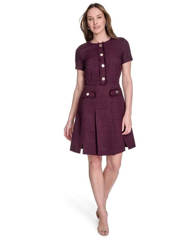 Photo 1 of L Tommy Hilfiger Women's Round-Neck Fringe-Trim Dress - Aubergine