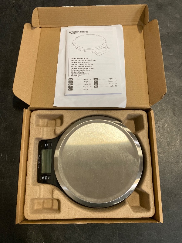 Photo 1 of Amazon Basics Digital Kitchen Scale with LCD Display, Batteries Included, Weighs up to 11 pounds, Black and Stainless Steel